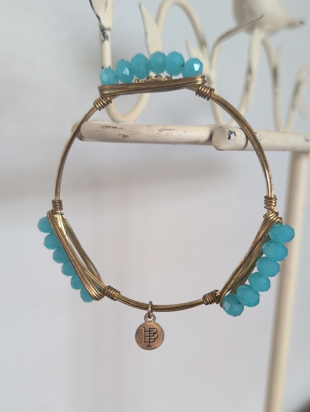 Bourbon And Bowties Turquoise Beaded Wire Bangle Bracelet Large 8"